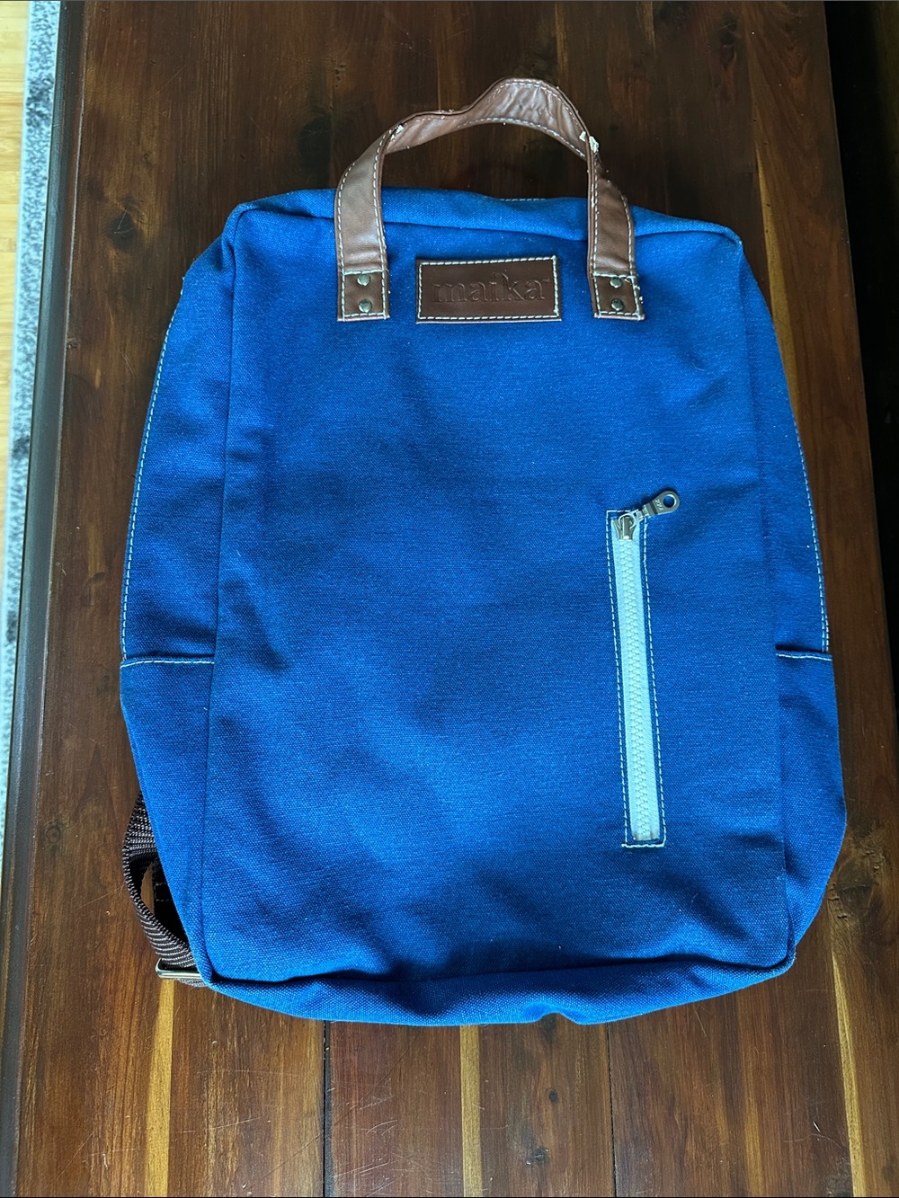 Maika Blue Canvas Backpack with Brown Accents